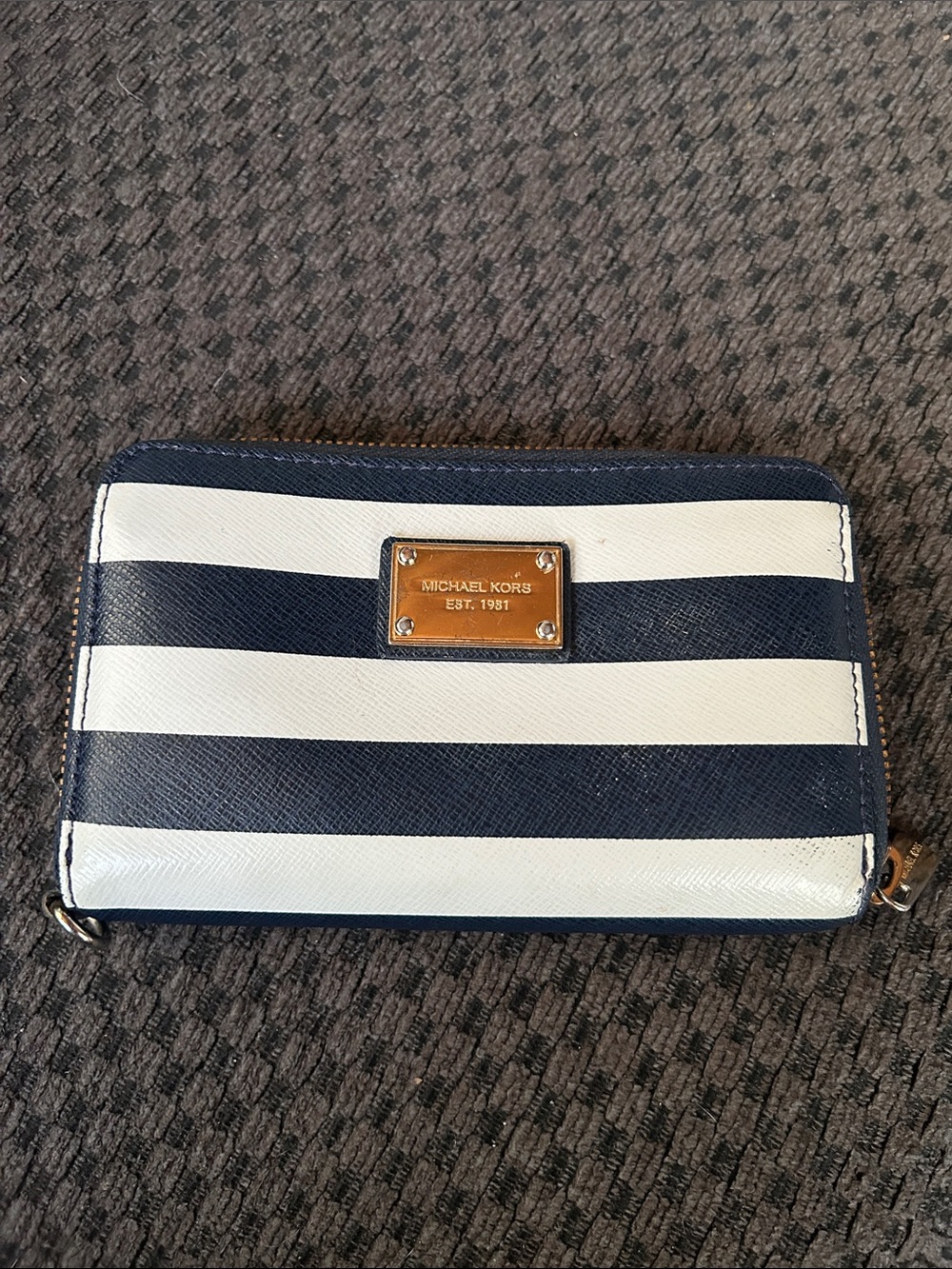 Michael Kors Navy and White Striped Zip Wallet with Gold Plaque